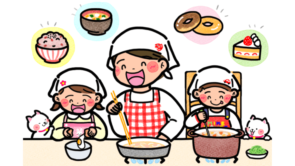 お母さんと子どもたちがキッチンで料理しているイラスト画像