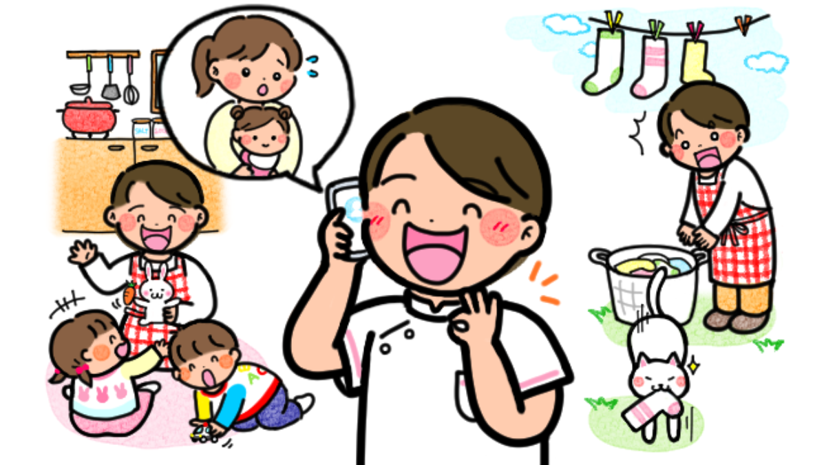 治療家かぁかが子育てや家事もしながら働いているイラスト画像