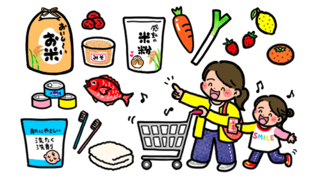 お母さんと子どもがほんものマルシェで買い物しているイラスト画像