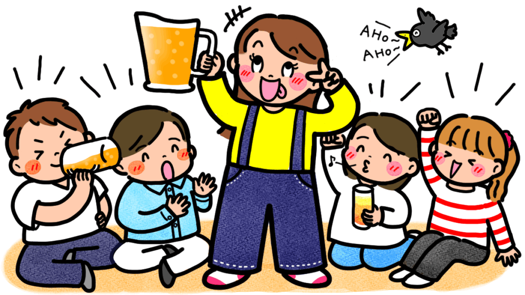 学生時代、飲み会でビールのピッチャーを回し飲み一気しているイラスト画像