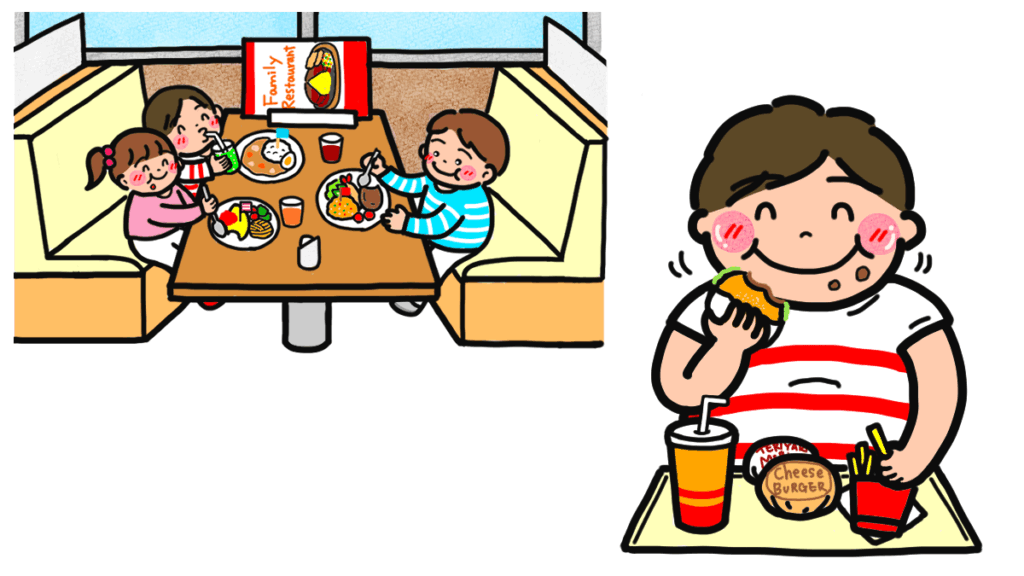 子どもだけでファミレスでごはん食べているイラストと肥満児のイラスト画像