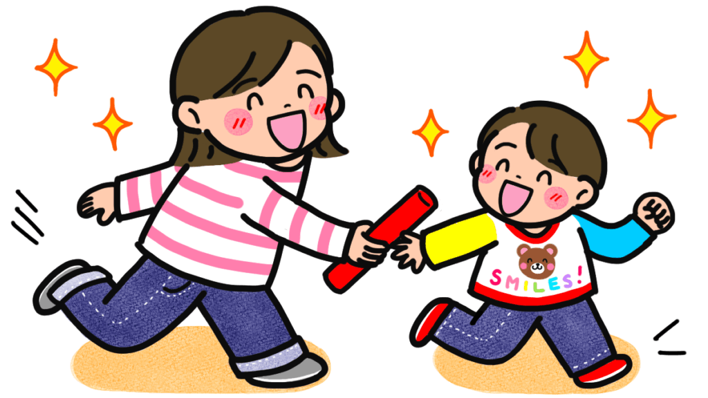 親が子へバトンを渡しているイラスト画像